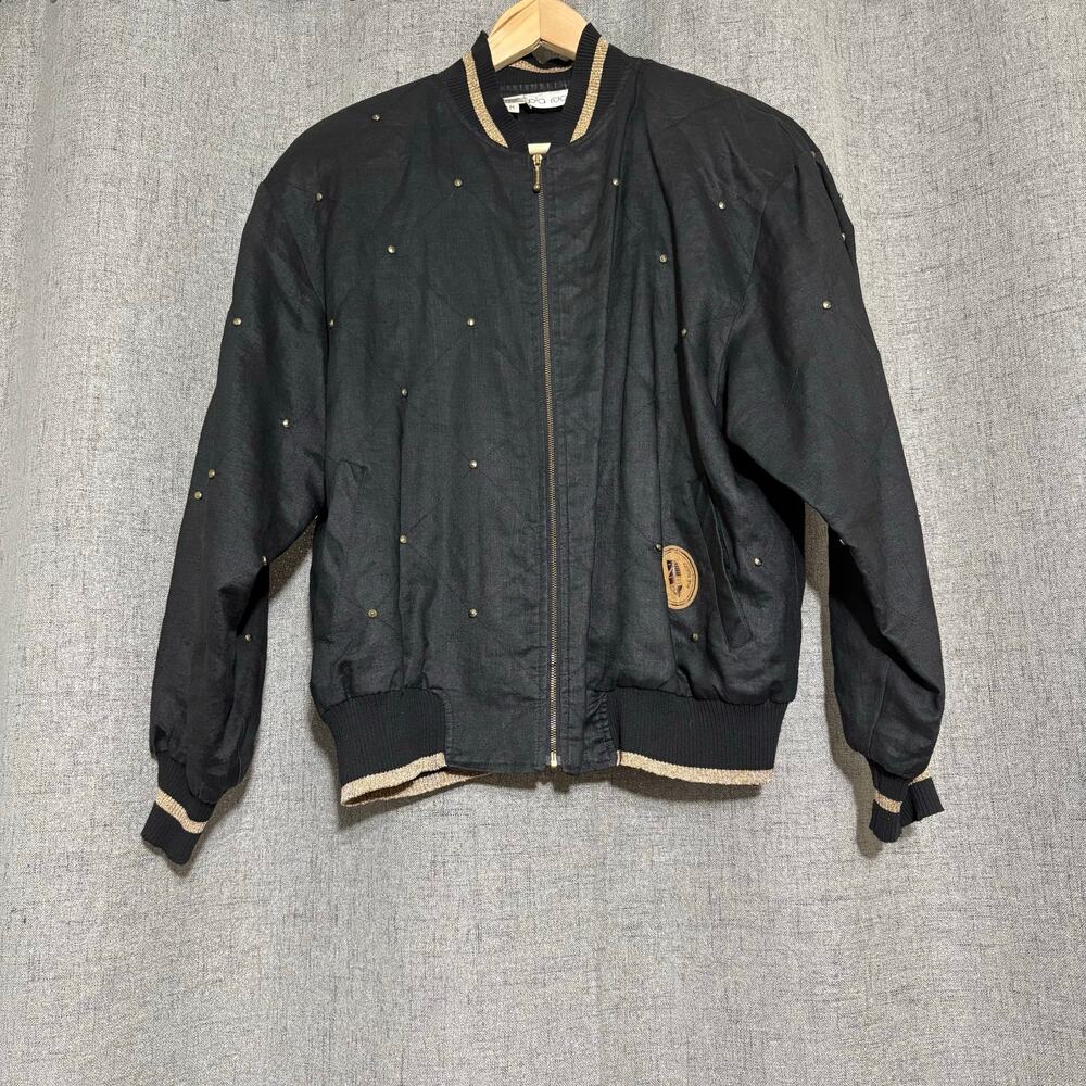 Vintage Pia‎ Rucci Jacket Women Medium Black 100% Ramie (silk) Studded Bomber